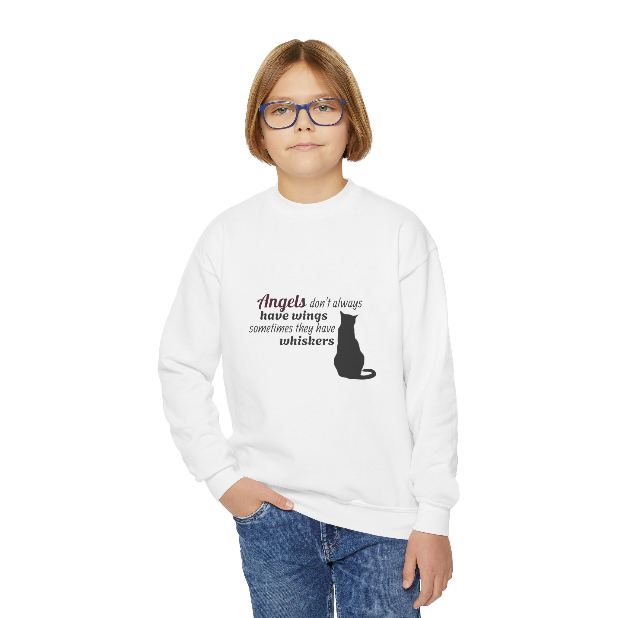 Youth Crewneck Sweatshirt - "Angels Aren't Always Born With Wings" Cat Lover Tee - Image 4