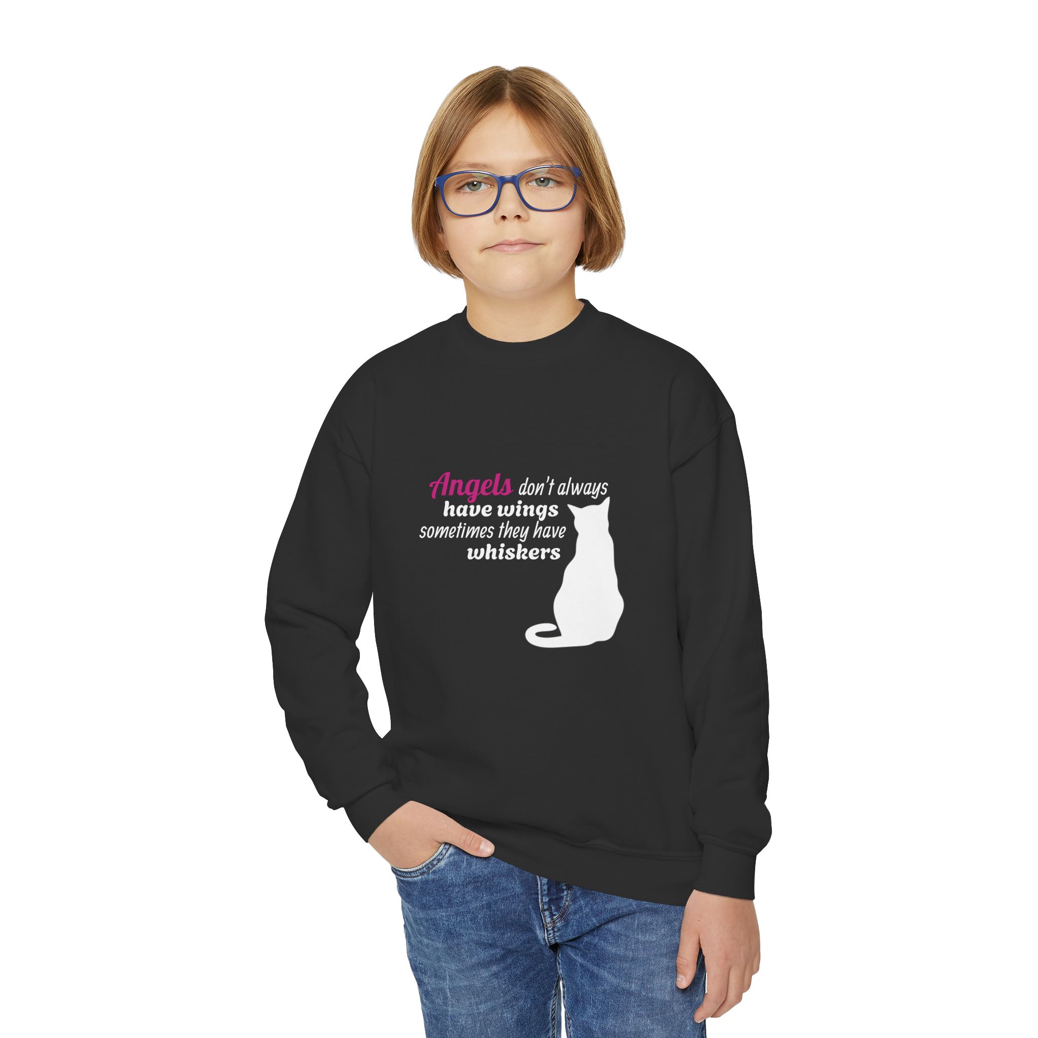 Youth Crewneck Sweatshirt - "Angels Aren't Always Born With Wings" Cat Lover Tee - Image 2