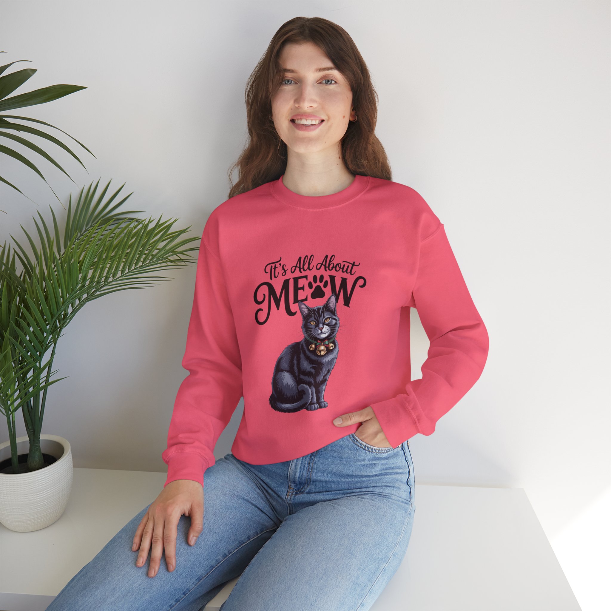 Cat Sweatshirt — "It's All About Meow" Cute Black Cat Crewneck, Cat Lover Gift