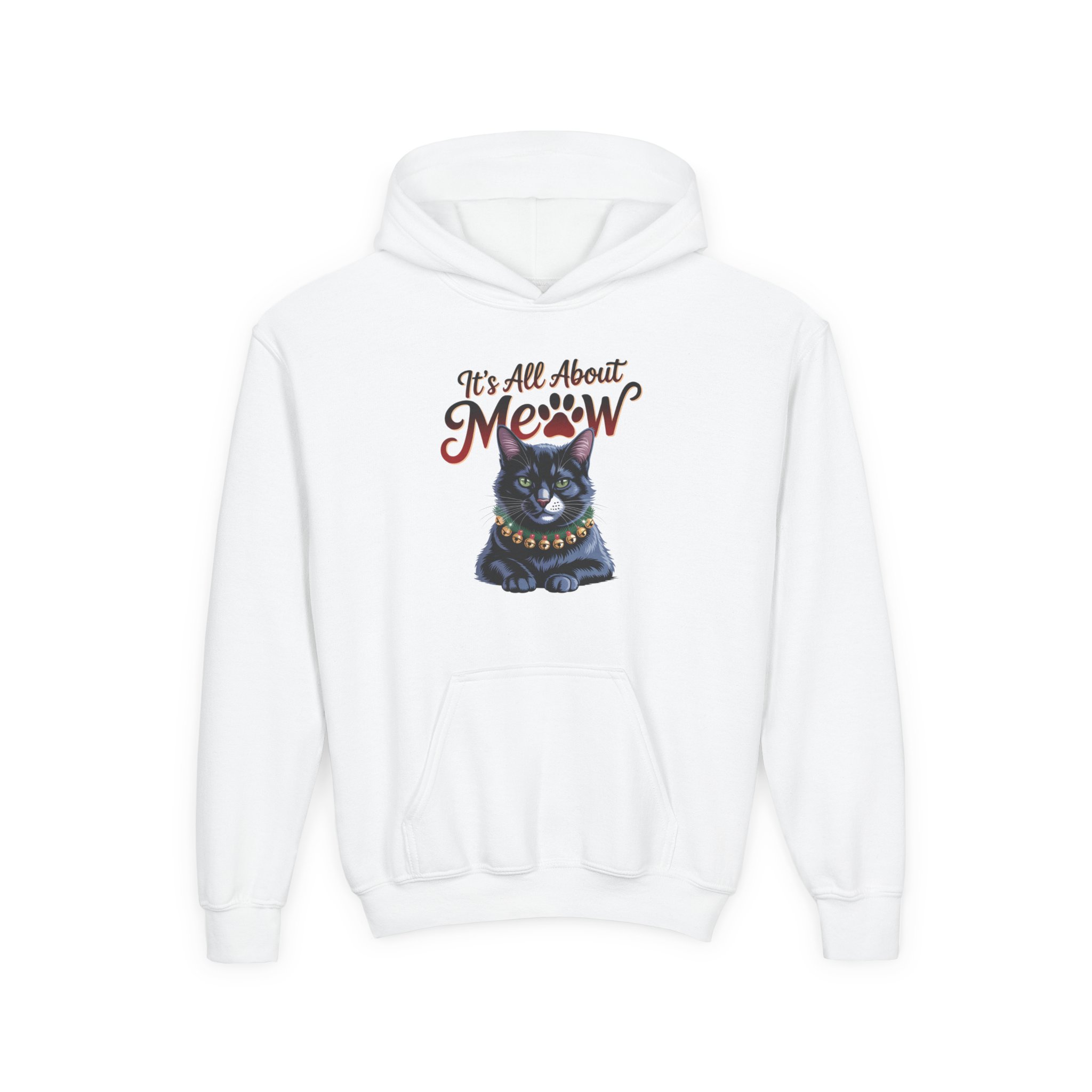 Youth Hoodie - "It's All About Meow" Cute Black Cat Graphic - Image 2