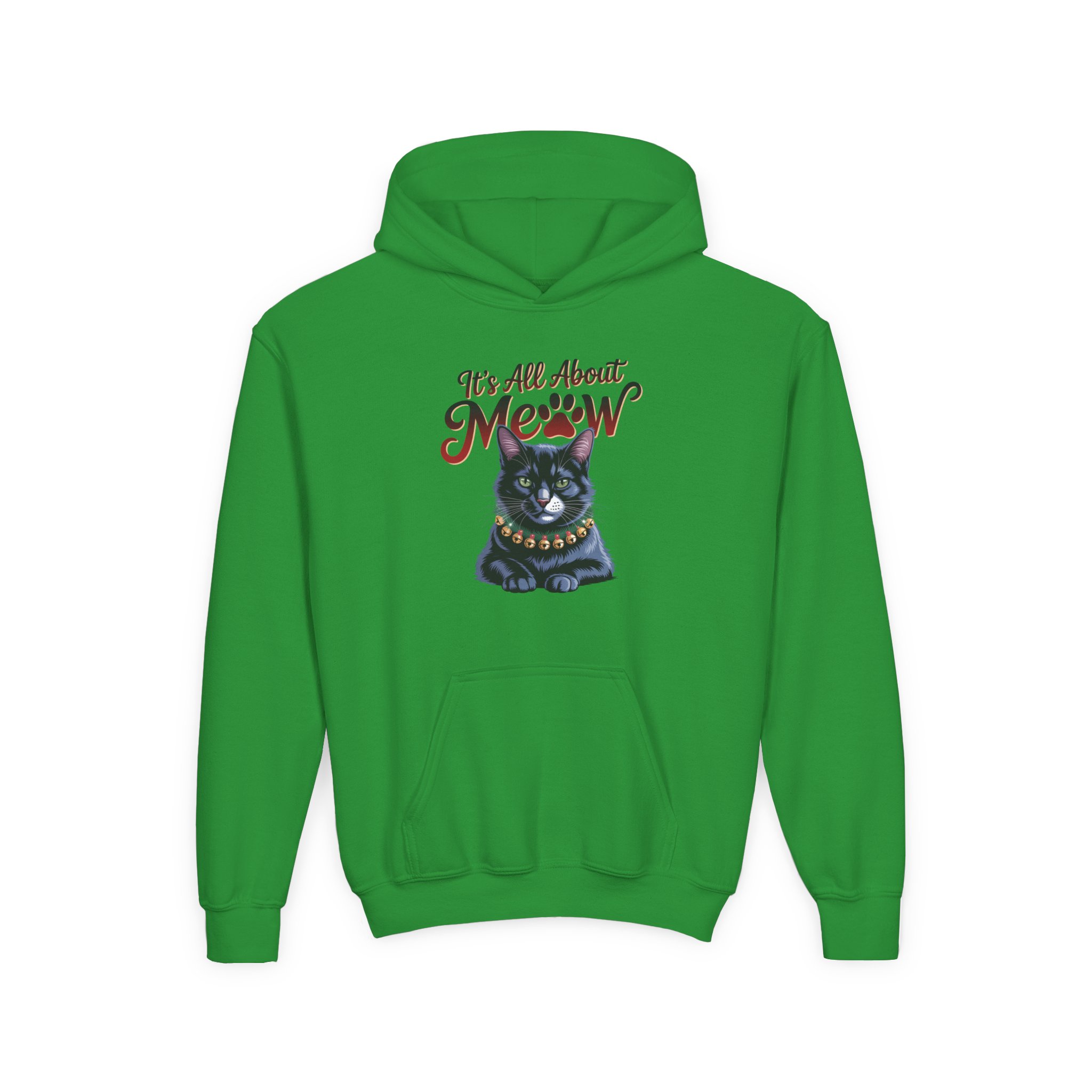 Youth Hoodie - "It's All About Meow" Cute Black Cat Graphic - Image 4