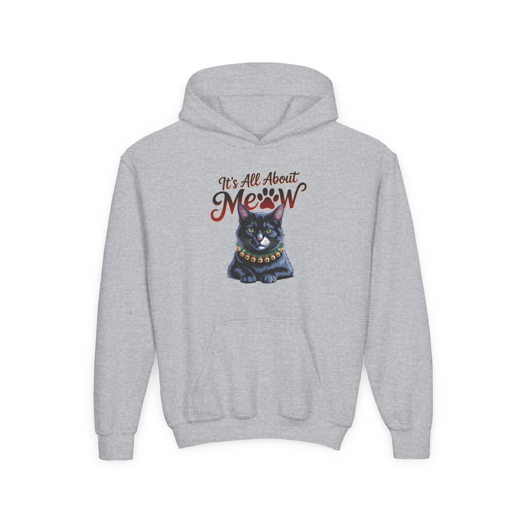 Youth Hoodie - "It's All About Meow" Cute Black Cat Graphic - Image 3