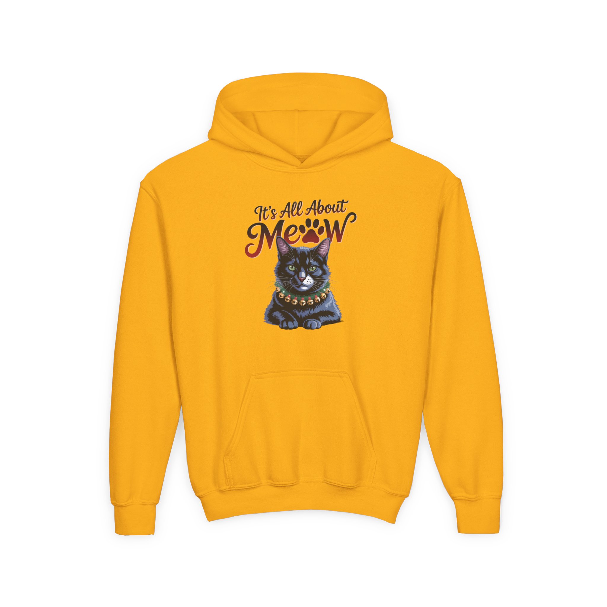 Youth Hoodie - "It's All About Meow" Cute Black Cat Graphic