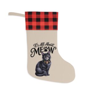 It's All About Meow Cat Christmas Stocking – Plaid Cuff Holiday Pet Gift