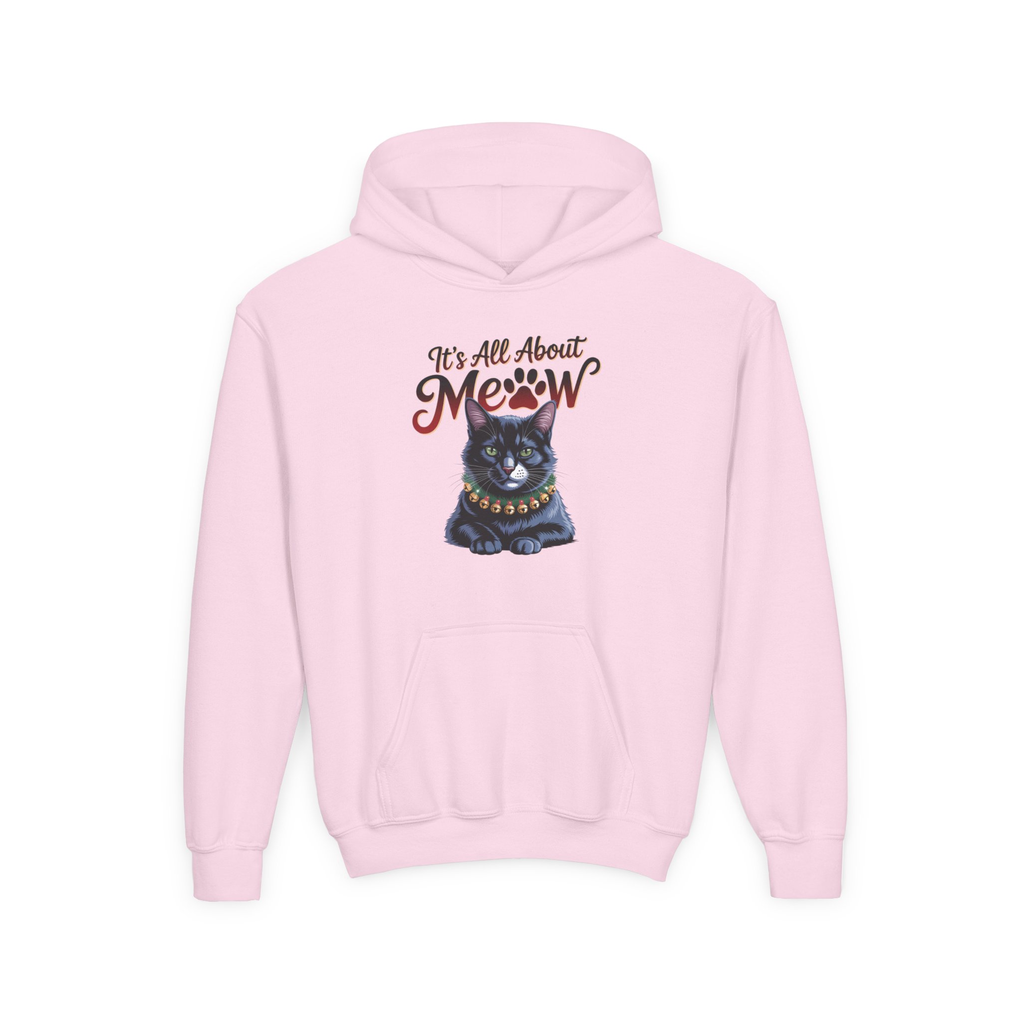 Youth Hoodie - "It's All About Meow" Cute Black Cat Graphic - Image 6