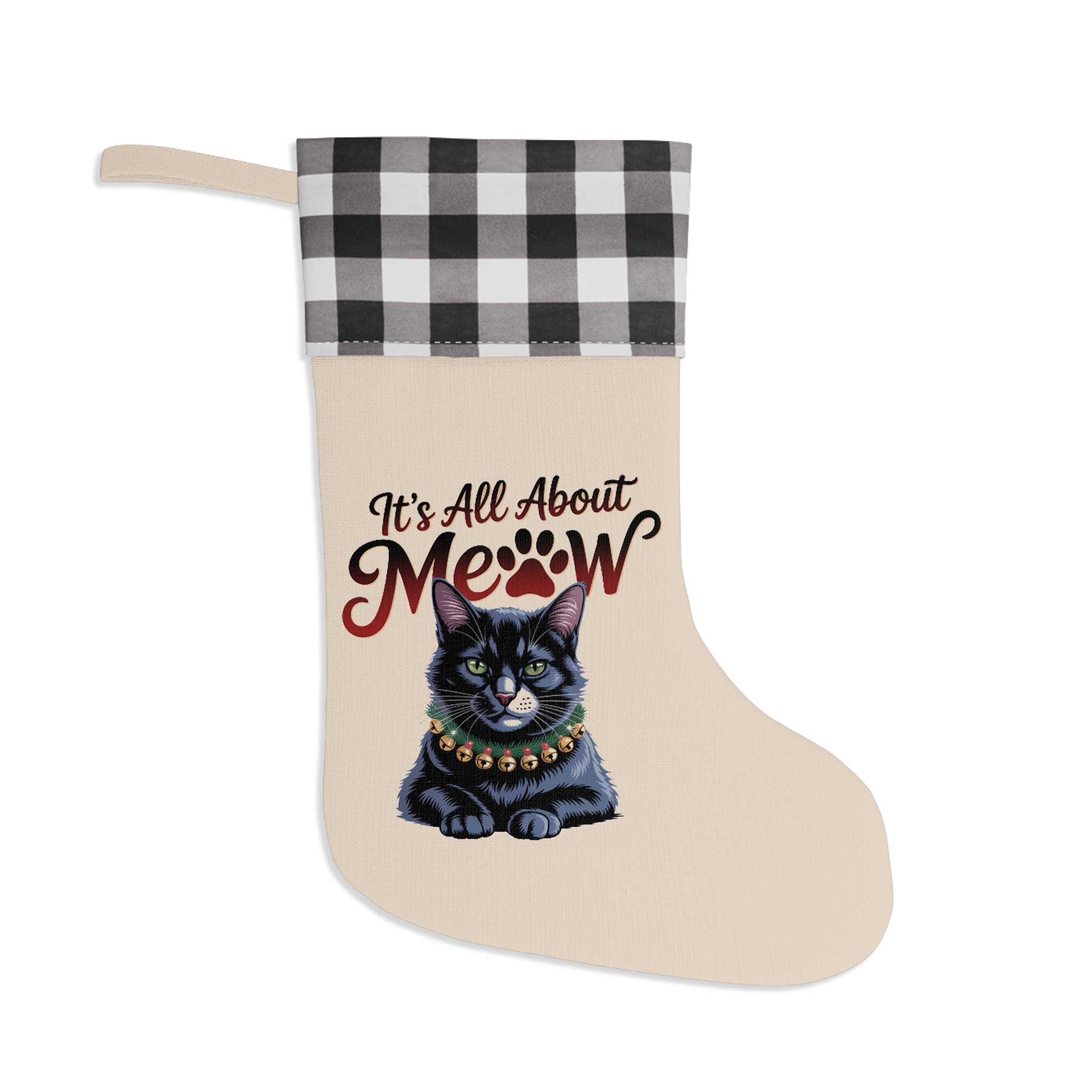 It's All About Meow Cat Christmas Stocking – Buffalo Plaid Top Cat Lover Holiday Stocking - Image 5