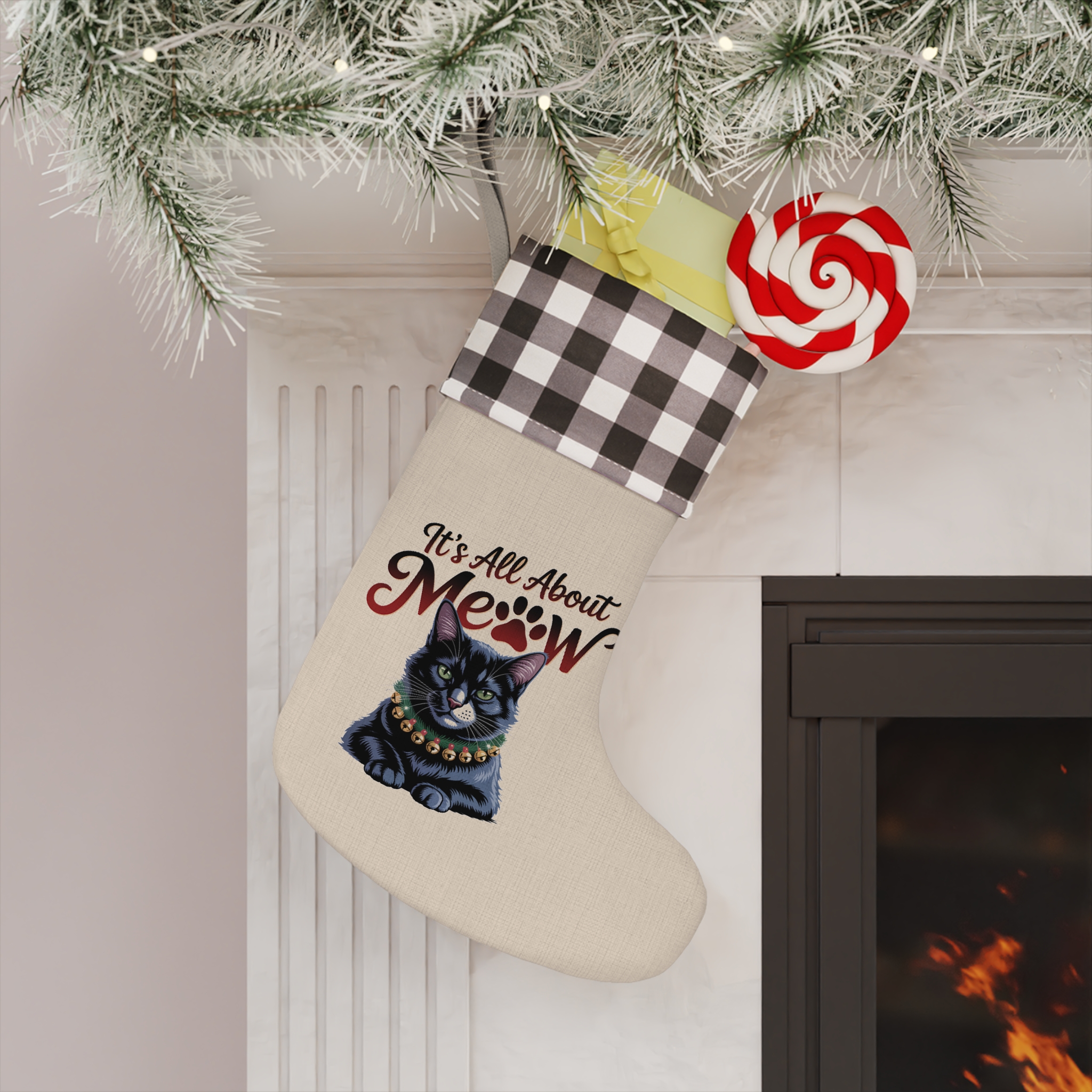 It's All About Meow Cat Christmas Stocking – Buffalo Plaid Top Cat Lover Holiday Stocking - Image 8