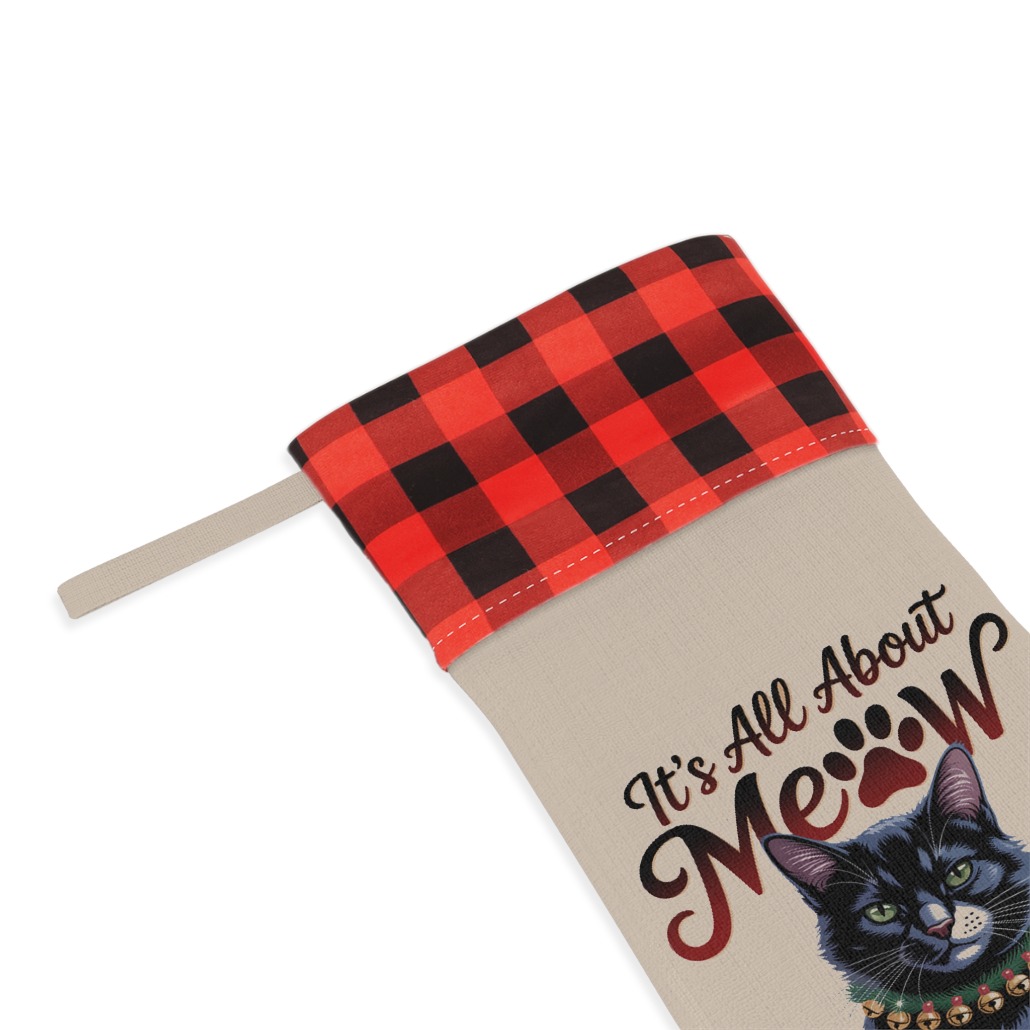It's All About Meow Cat Christmas Stocking – Buffalo Plaid Top Cat Lover Holiday Stocking - Image 3