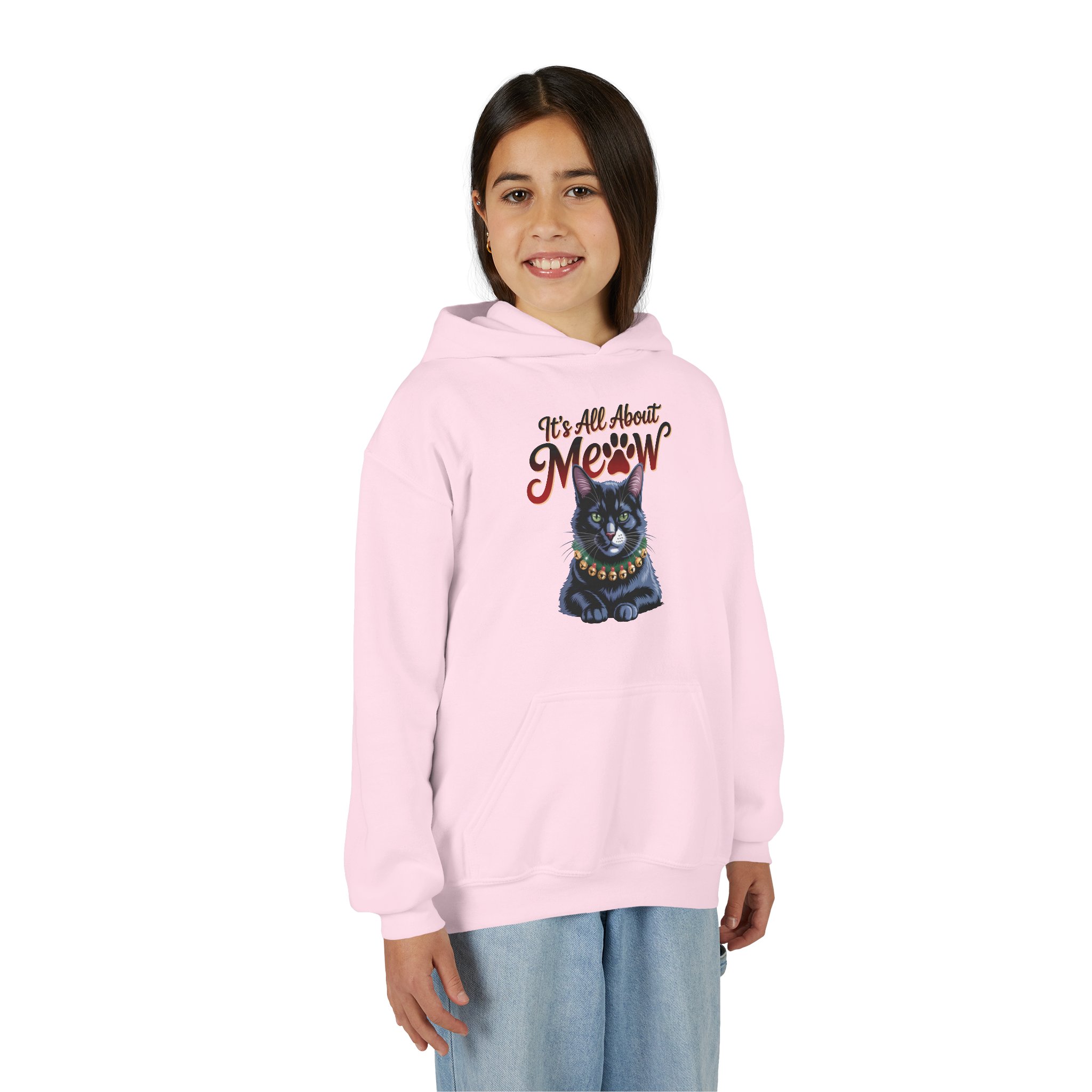 Youth Hoodie - "It's All About Meow" Cute Black Cat Graphic - Image 7