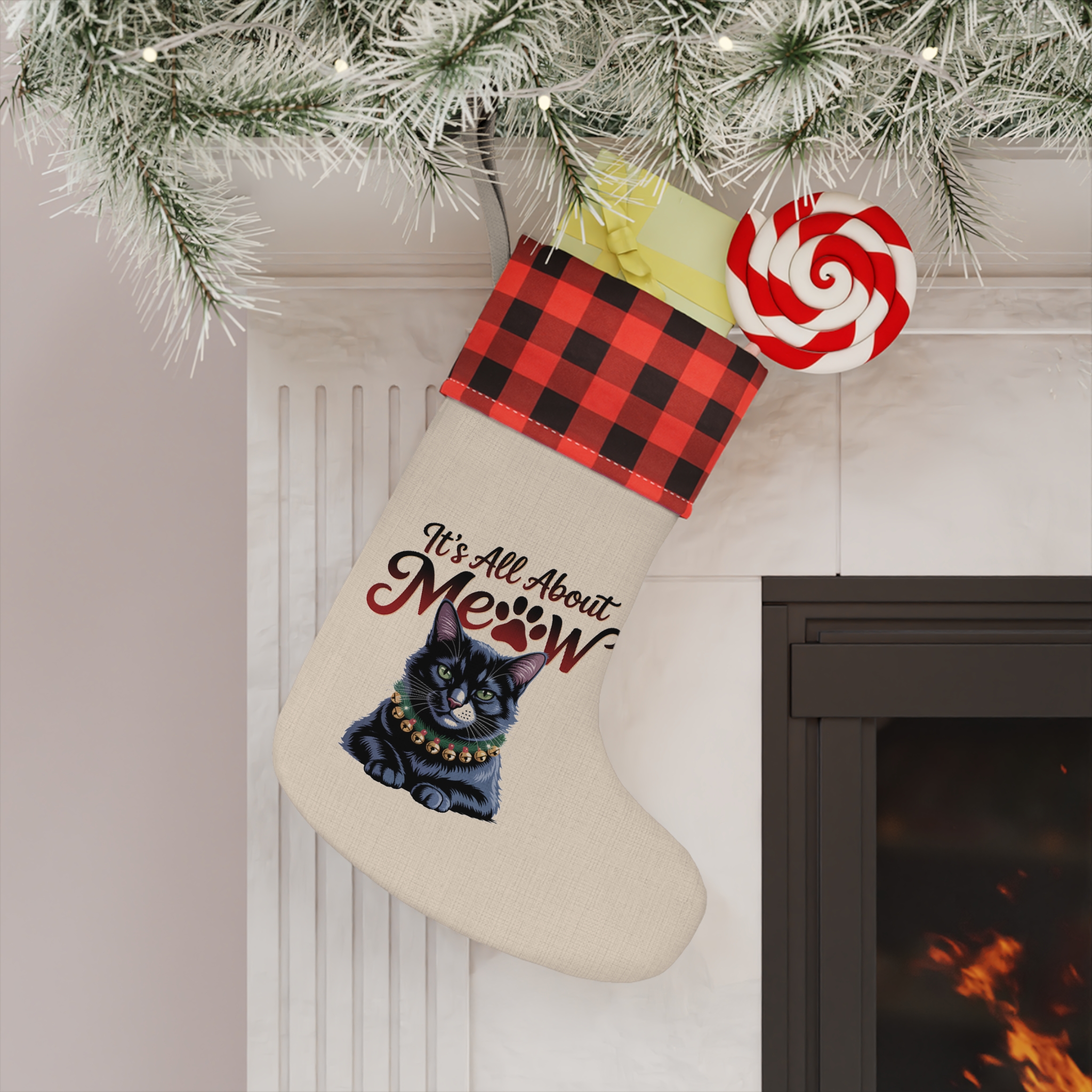 It's All About Meow Cat Christmas Stocking – Buffalo Plaid Top Cat Lover Holiday Stocking - Image 4